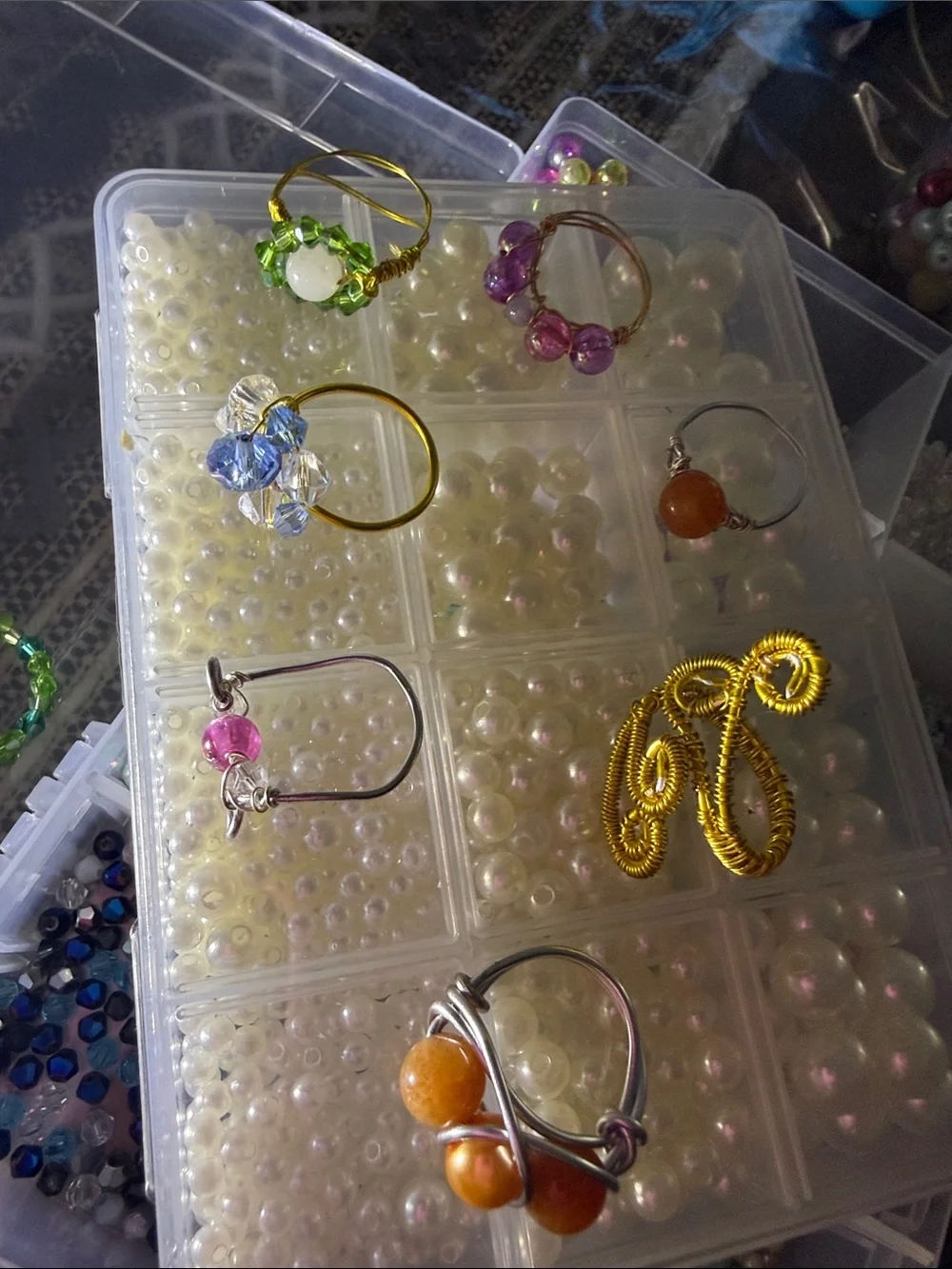 7 Handmade Beaded Wire Rings — Orange, Purple, Pink, Green different sizes